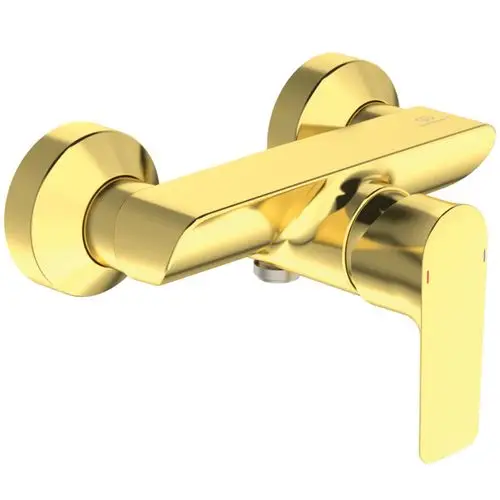Brausearmatur in goldener Farbe von Ideal Standard, mit einem modernen Design und einem seitlichen Hebel zur Regulierung von Wasserfluss und Temperatur.